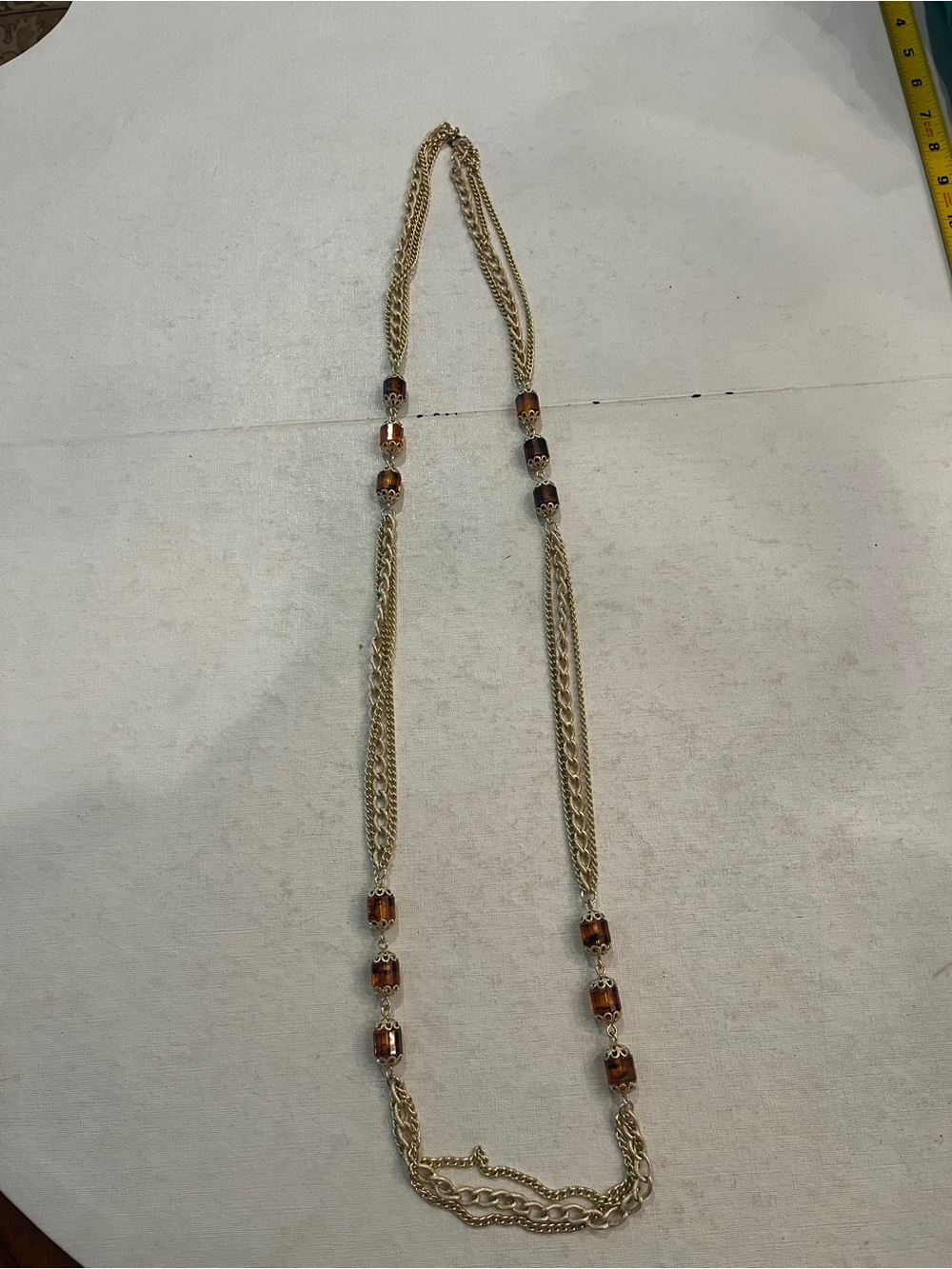 Vintage Sarah Coventry Amber Beaded Gold Chain long Necklace.